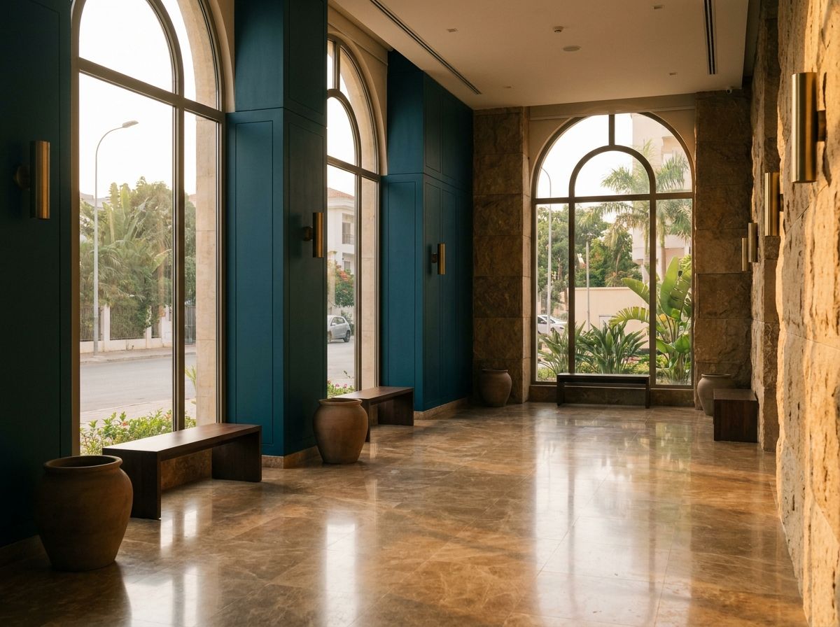 Lobby residencial cuidado, com mármore e madeira, luz natural suave.